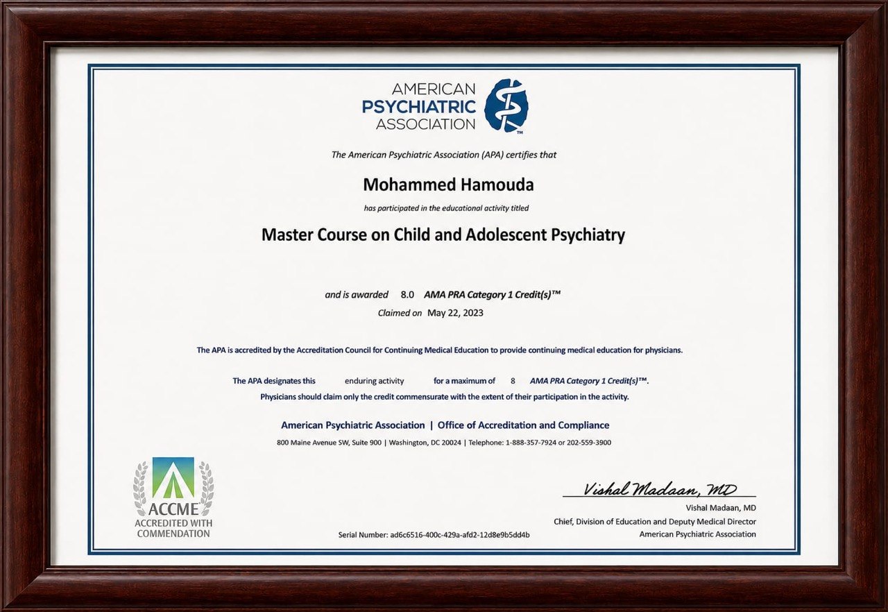 شهادة إتمام دورة: الدورة المتقدمة في طب نفس الأطفال والمراهقين. | Certificate of Completion: Master Course on Child and Adolescent Psychiatry.